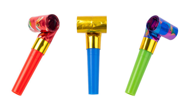 Set of three colorful party blowers isolated on transparent background