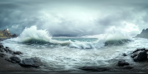 Fototapeta premium Dramatic ocean waves crash coastal landscape hdr 360 degree view stormy environment