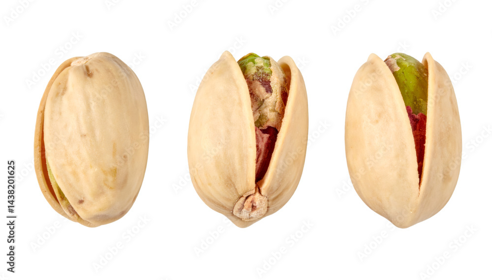 Poster pistachio nuts isolated on transparent background, showing different angles of the nut, with clippin