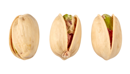 Pistachio nuts isolated on transparent background, showing different angles of the nut, with clipping path included
