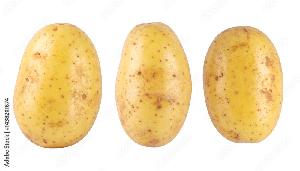 Poster three potatoes from different angles, isolated on transparent background with clipping path, no shad