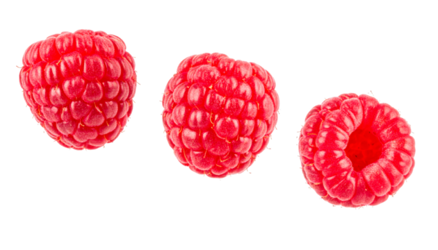 Three ripe raspberries rotating on transparent background