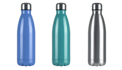Three reusable colorful water bottles isolated on transparent background, promoting hydration and sustainability