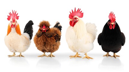 Fototapeta premium Group of chickens Different colors and breeds stand on white background, red combs upright