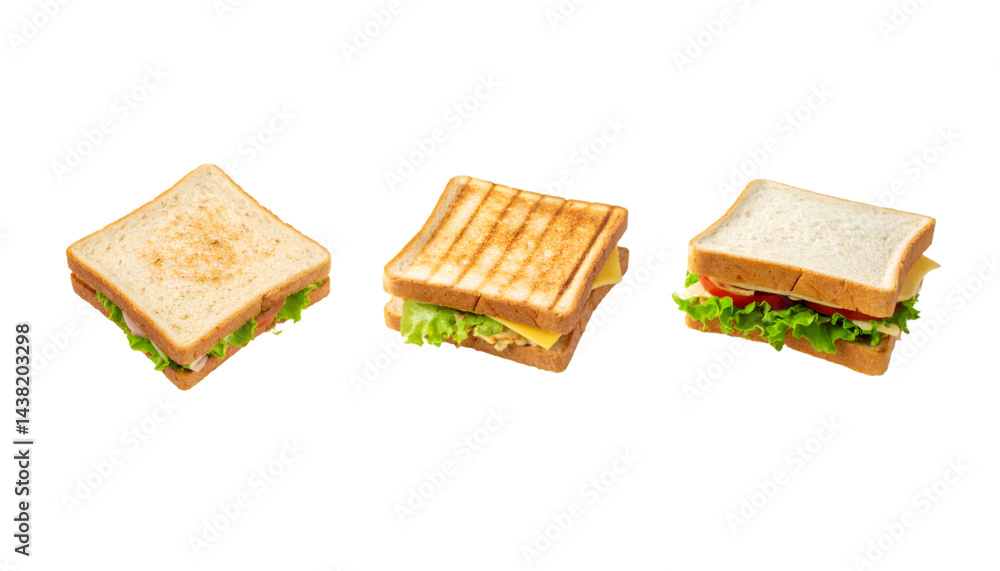 Poster set of three sandwiches from different angles, isolated on transparent background with clipping path