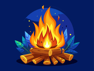 A vivid vector of a cozy campfire with wooden logs and bright flames, placed on a solid dark blue background