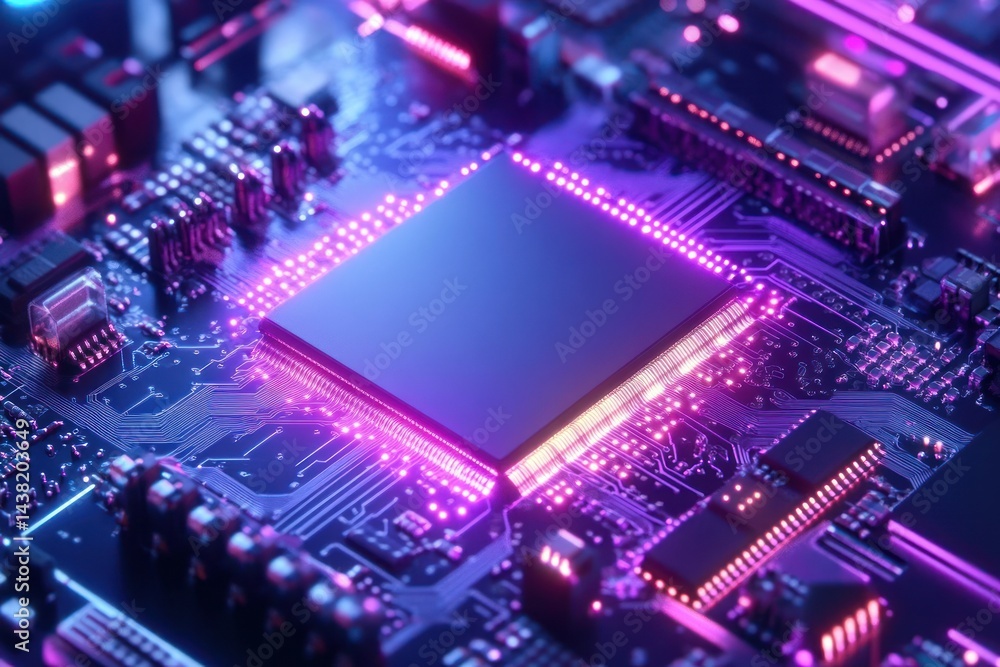 Poster high tech circuit board with illuminated processor