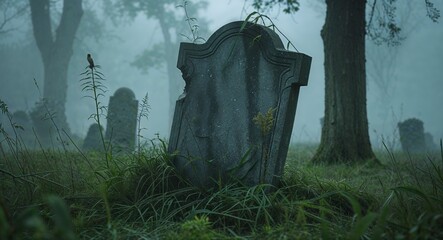 Broken headstone with overgrown grass and creeping fog background