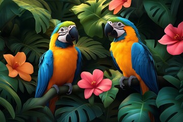 Two macaws conversing in lush tropical foliage