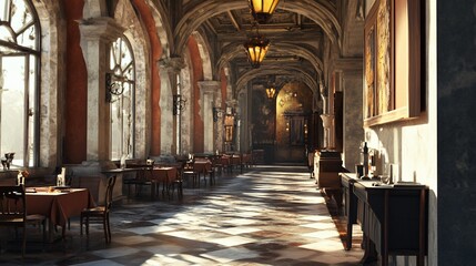 Fototapeta premium Elegant corridor with tables and chairs. Sunlight on the floor. Classic design