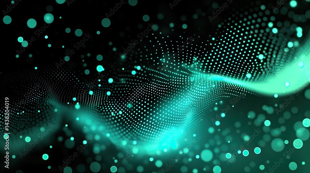 Poster abstract dotted wavy pattern, bright cyan dots on dark background, dynamic effect