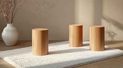Three light brown wooden cylinder pedestals on a soft white rug.