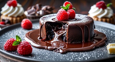 Chocolate lava cake with melting center on dessert table background