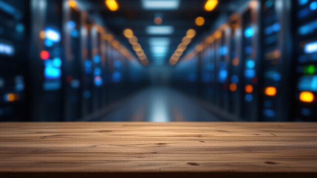 Wooden Tabletop Over Blurred Data Center Server Room Background