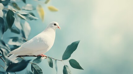 Obraz premium Serene White Dove Perched on Branch with Soft Sunlight Through Leaves