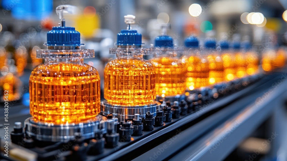 Poster bottles of amber liquid on a production line in a modern factory with blurred machinery in backgroun