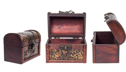 Three empty wooden treasure chests with golden decorations, closed, open and half open, isolated on transparent background
