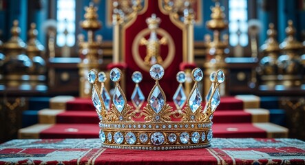 Crystal crown with royal throne room background