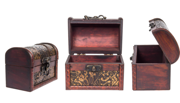 Three empty wooden treasure chests with golden decorations, closed, open and half open, isolated on transparent background