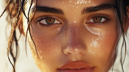 This is a promotional image featuring a close-up of a woman's face with sunlit skin. The woman appears to be applying or removing a skincare product, possibly sunscreen or a cream mask. Her expression