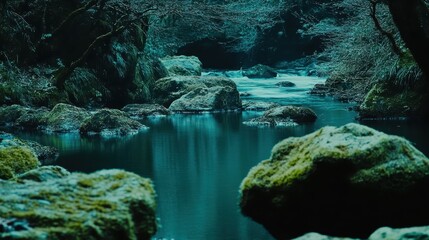 Serene, tranquil creek flowing through a mossy, rocky woodland gorge.