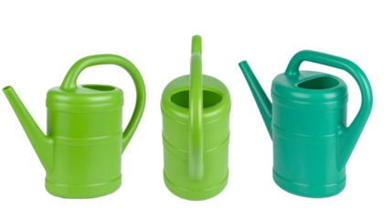 Plastic watering cans positioned at varying angles, transparent backdrop highlighting gardening tools' versatile design