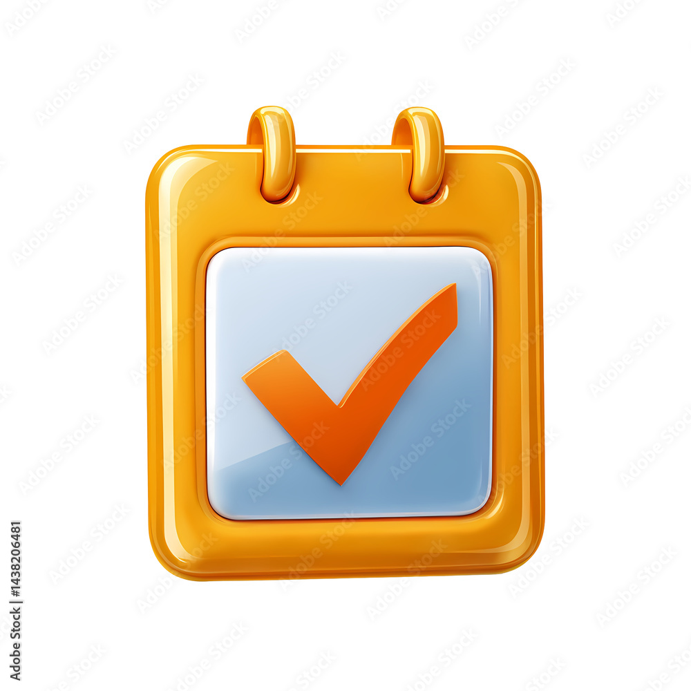 Poster 3d render of glossy orange calendar icon with check mark for task completion