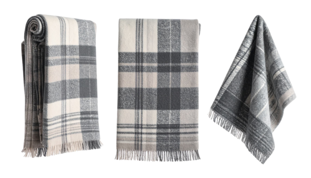 Soft wool blankets with checked pattern isolated on transparent background, perfect for cozy winter days