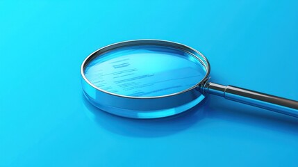 Magnifying glass reviewing document, blue background, detail analysis