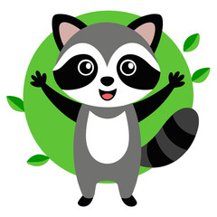 Obraz premium Playful cartoon raccoon with raised arms on a green background