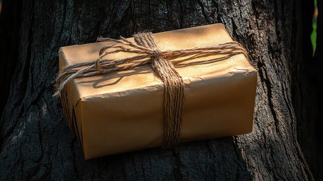Rustic package resting against a dark tree trunk.