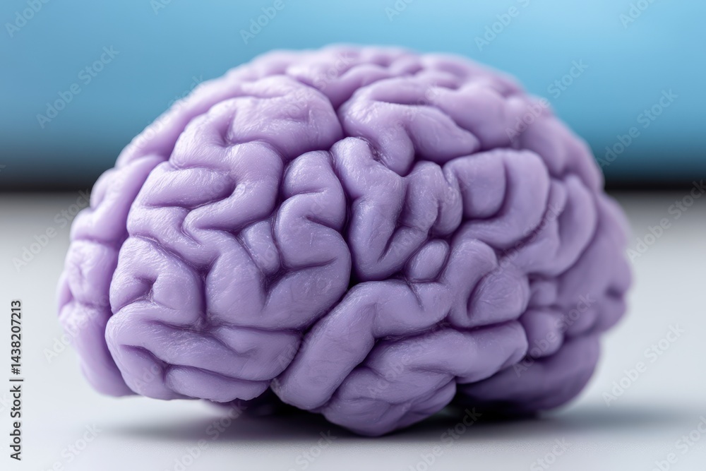 Poster purple artificial brain model on light blue background representing mental health science memory con