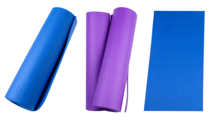 Yoga mats rolling, unfurling on clean transparent surface, preparing for workout session