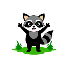 Obraz premium Playful cartoon raccoon with raised arms on a green background