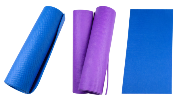Yoga mats rolling, unfurling on clean transparent surface, preparing for workout session