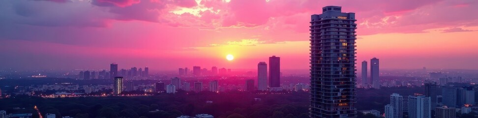 Fototapeta premium Pink sunset over city skyline, modern condo building, home, sunset