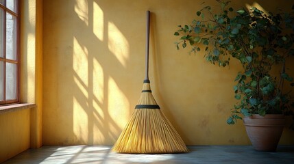 Broom leaning against a yellow wall next to a potted plant in sunlight.