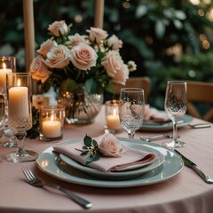 Fototapeta premium Romantic outdoor wedding table setting featuring an elegant centerpiece with ivory and blush roses, crystal wine glasses, gold cutlery, and glowing candles, beautifully arranged for a sunset reception