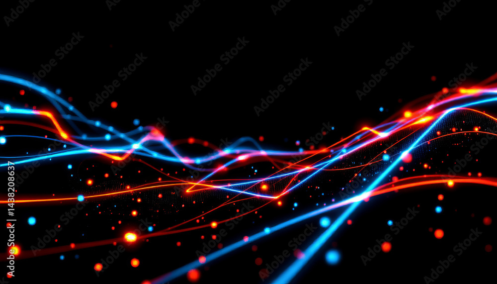 Poster glowing lines with shiny particles create vibrant visual effect in dark background
