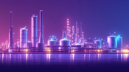 Obraz premium Nightfall at the Petrochemical Refinery: A Vibrant Industrial Panorama