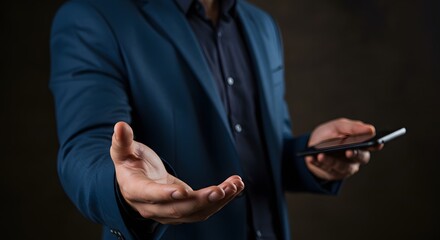 AI image businessman holding a phone offers an open helping hand, symbolizing support, assistance, invitation, or giving concept digitally.
