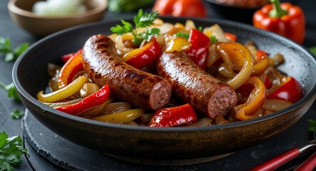 Spicy sausage with sauteed peppers and onions on dinner table background