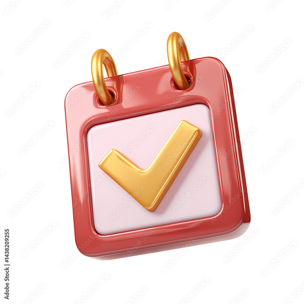 Poster 3d render of red calendar icon with gold checkmark for task completion