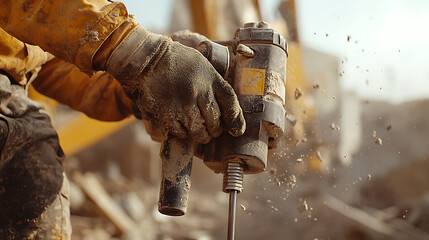 Construction Worker Using Pneumatic Drill