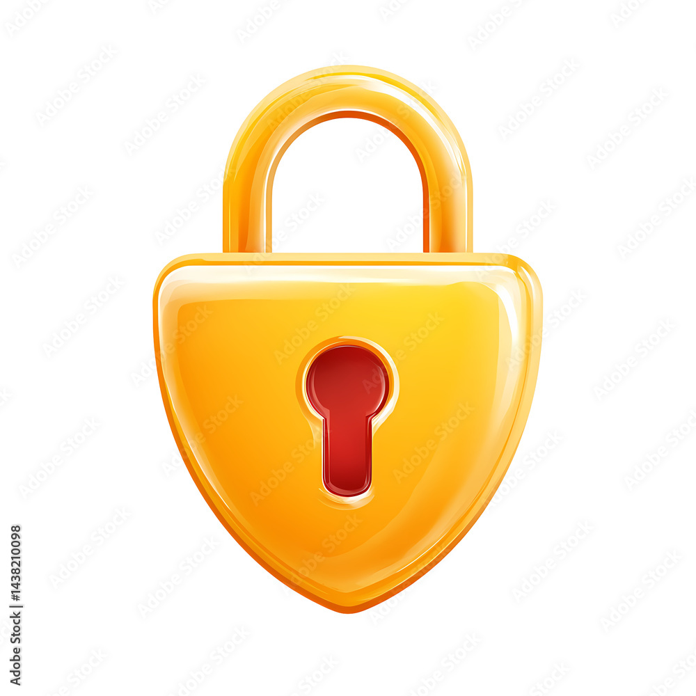 Poster shiny golden padlock icon with red keyhole for security and privacy concepts