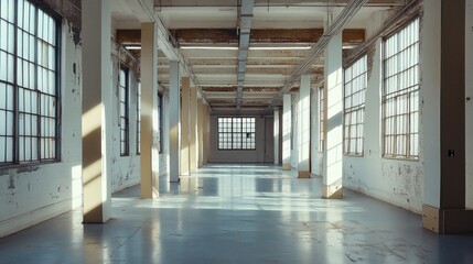Fototapeta premium Empty industrial loft space with sunlight, columns, and windows