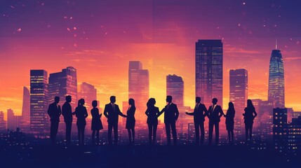 Silhouette of Business People at Sunset Over a Stunning Cityscape: A Vision of Collaboration and Success