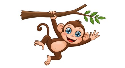 Obraz premium AI image showing a cute cartoon monkey with blue eyes happily hanging from a tree branch and waving hello cheerfully.