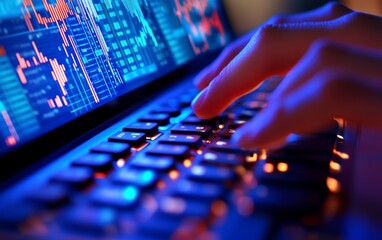Hands typing on laptop with financial data