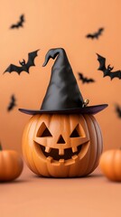 Halloween scene Carved pumpkin wearing a witch hat Bats on an orange background